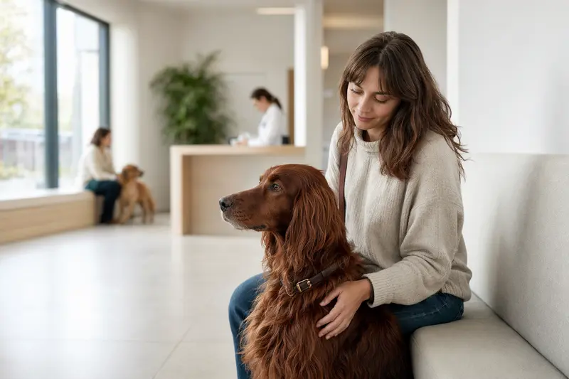 Ein Irish Setter sitzt ruhig neben seinem Besitzer im hellen Wartezimmer einer Tierarztpraxis.